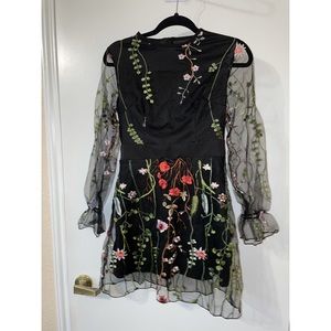 Round neck, floral, embroidered, long-sleeve dress